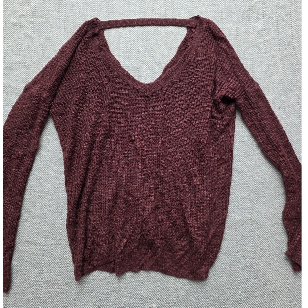 Charlotte Russe Burgundy V-Neck Knit Sweater with Back Strap Detail Small